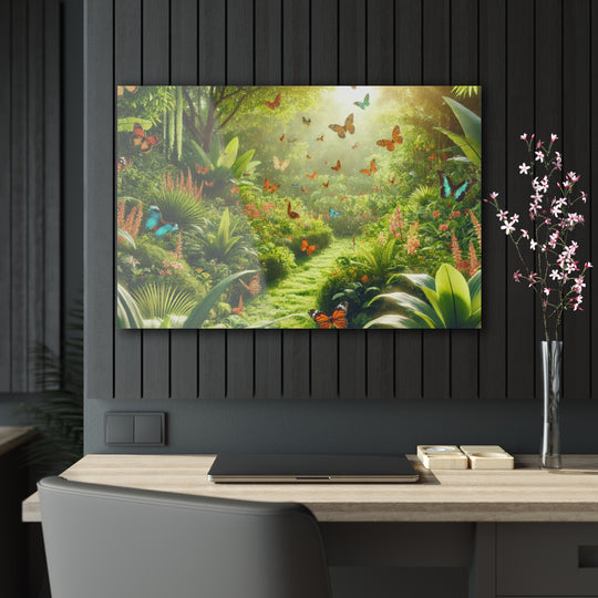 Serene Garden Scene with Butterflies - Acrylic Painting