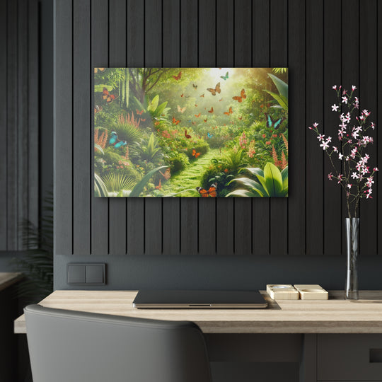 Serene Garden Scene with Butterflies - Acrylic Painting