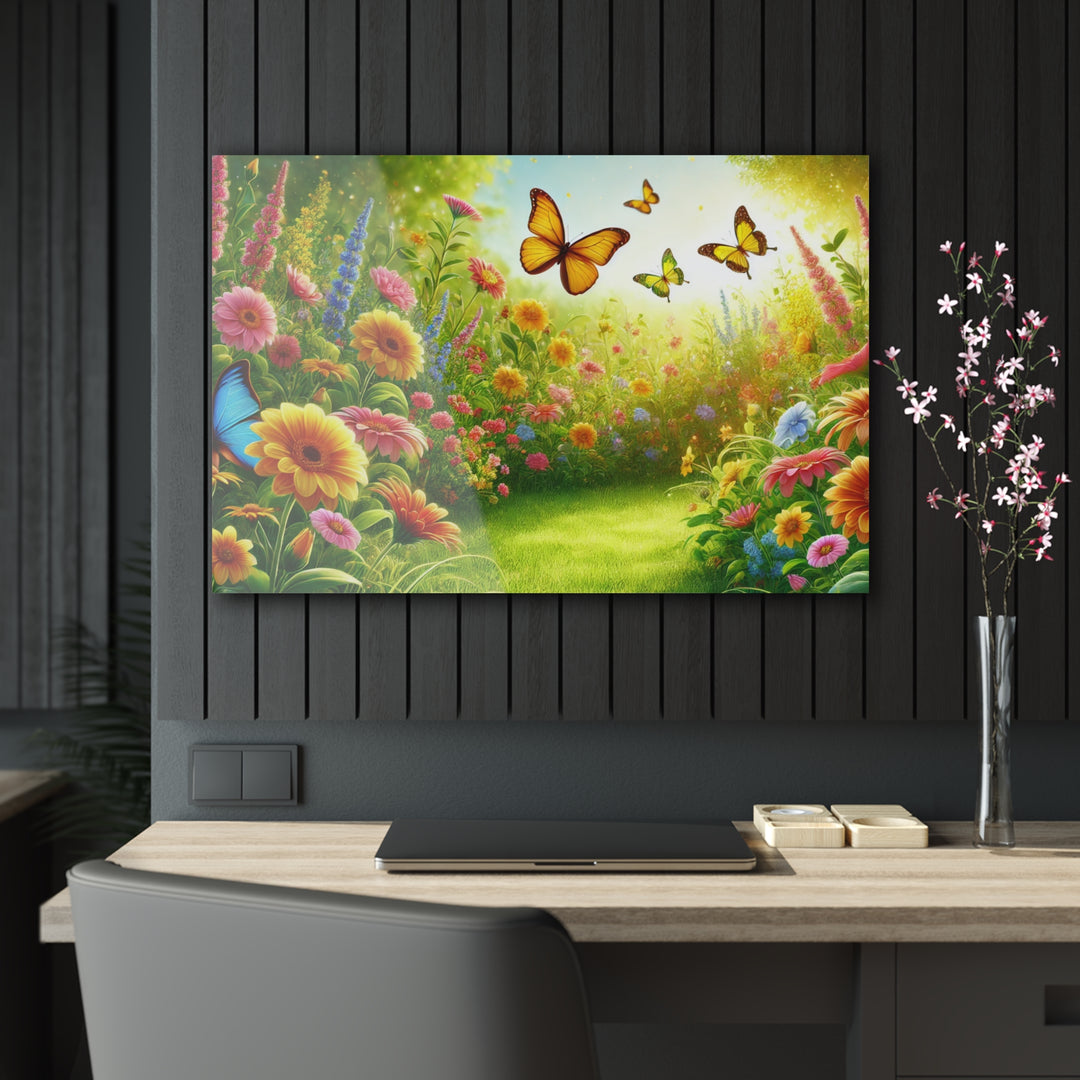 Vibrant Garden with Butterflies - Daylight Acrylic Art