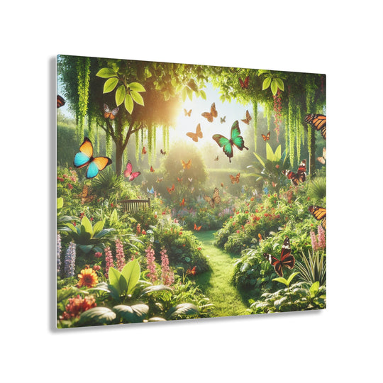 Lush Green Garden Acrylic Painting with Butterflies