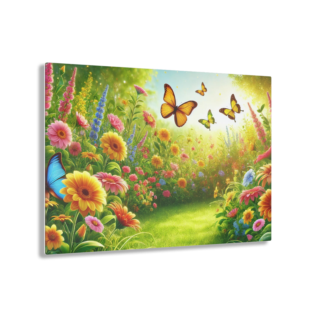 Vibrant Garden with Butterflies - Daylight Acrylic Art