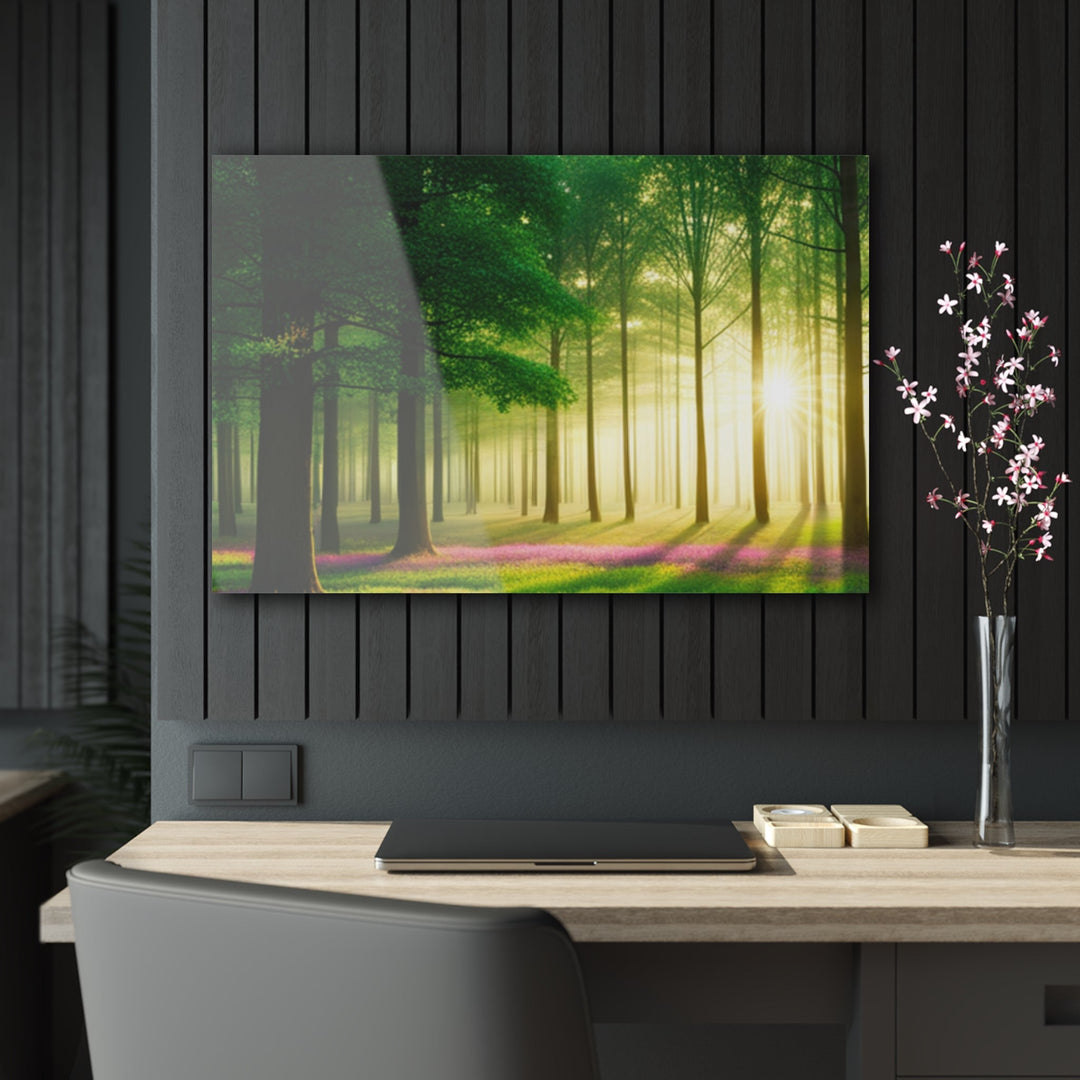 Beautiful sun rays in forest on trees and flowers - Creative Canvas Corner